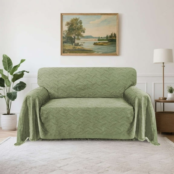 Turquoize Washable Sectional Slipcovers with Geometric Jacquard Pattern Tassel(Large: 71"x 102",Sage)