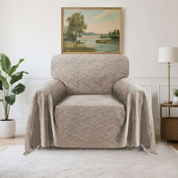 Turquoize Washable Sectional Slipcovers with Geometric Jacquard Pattern Tassel(Medium: 71"x 91",Sand)