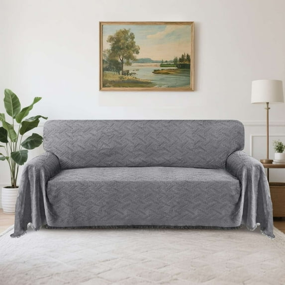 Turquoize Washable Sectional Slipcovers with Geometric Jacquard Pattern Tassel(X-Large: 71"x 118",Charcoal Gray)