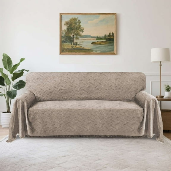 Turquoize Washable Sectional Slipcovers with Geometric Jacquard Pattern Tassel(X-Large: 71"x 118",Sand)