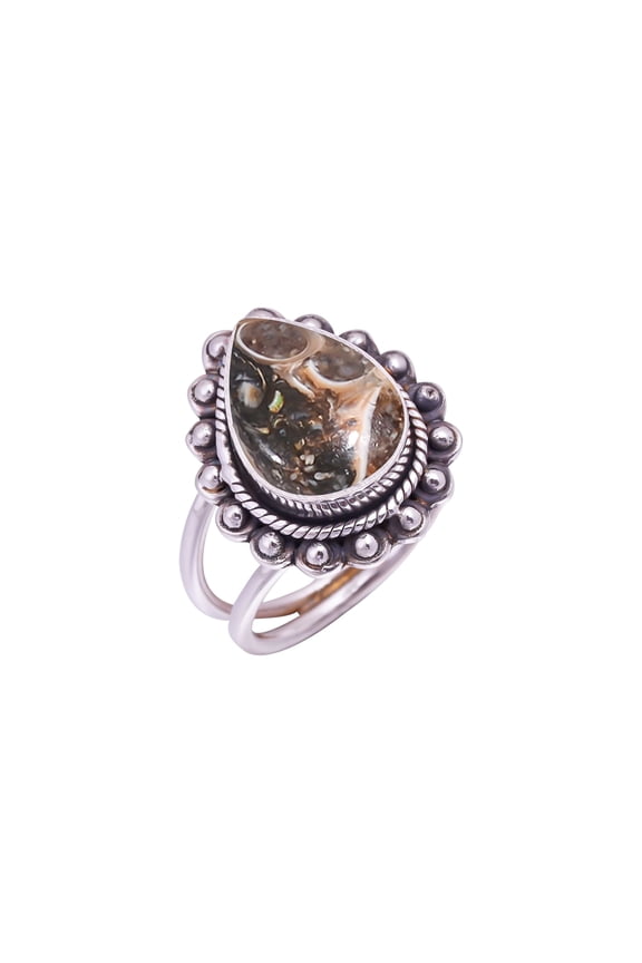 Turritella Agate - Wyoming Gemstone 925 Sterling Silver Ring V9470, Statement Ring, Brown Ring, Pear Ring, Gift For Her, Turritella Agate Ring