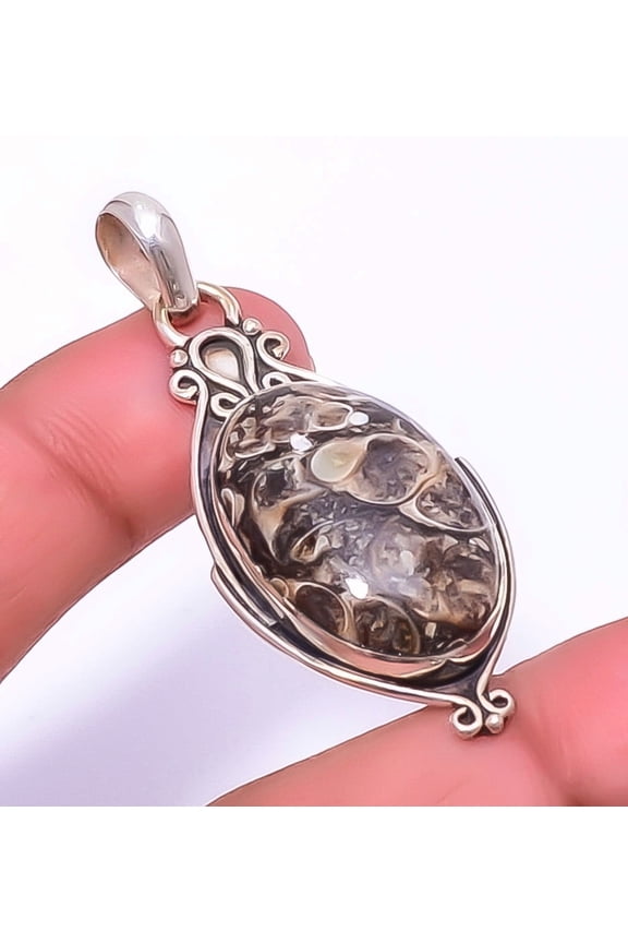 Turritella Fossil Agate 925 Sterling Silver Bali Pendant 2.15" P1687-17, Christmas Gift, Gemstone Silver Jewelry, Agate Pendant, New Year Sale