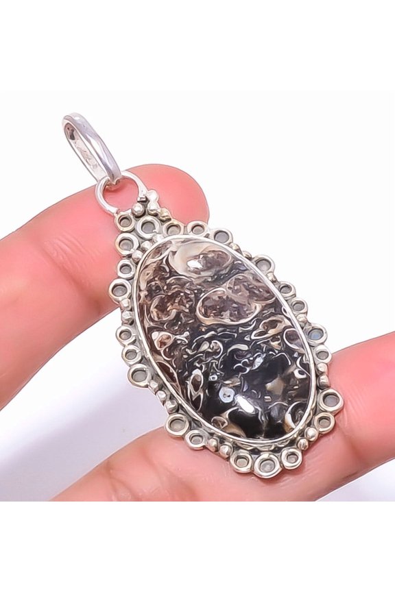 Turritella Fossil Agate 925 Sterling Silver Bali Pendant 2.34" P1829-15, Christmas Gift, Gemstone Silver Jewelry, Agate Pendant, New Year Sale