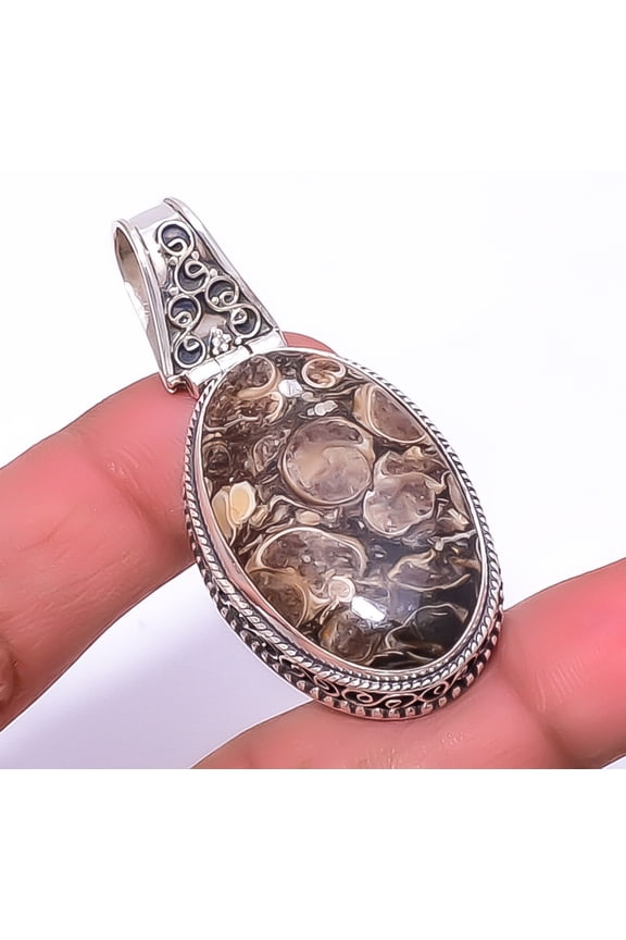 Turritella Fossil Agate Gemstone 925 Sterling Silver Fine Art Pendant 2.15" A371, Beautiful Jewelry For Woman, New Year Sale, Valentin's Day Gift