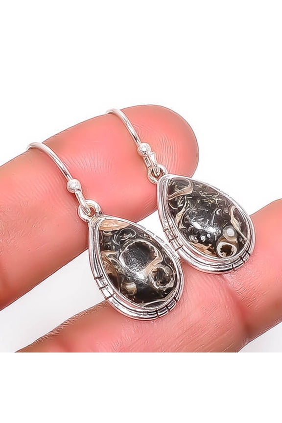 Turritella Fossil Agate Gemstone 925 Sterling Silver Handmade Earring 1.29" A329, Beautiful Jewelry For Woman, New Year Sale, Valentin's Day Gift