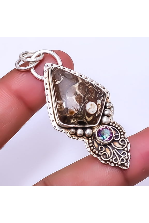 Turritella Fossil Agate Gemstone 925 Sterling Silver Handmade Pendant 2.34" A319, Beautiful Jewelry For Woman, New Year Sale, Valentin's Day Gift