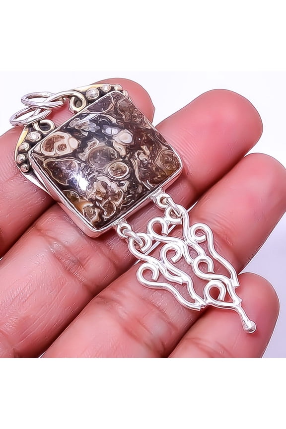 Turritella Fossil Agate Gemstone 925 Silver Plated Handmade Pendant 2.46" A368, Valentine's Day Gift, Birthday Gift, Beautiful Jewelry For Woman