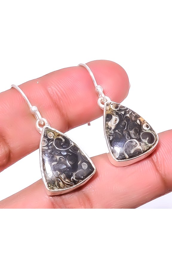 Turritella Fossil Agate Gemstone 925 Sterling Silver Jewelry Earring 1.37" A362, Beautiful Jewelry For Woman, New Year Sale, Valentin's Day Gift