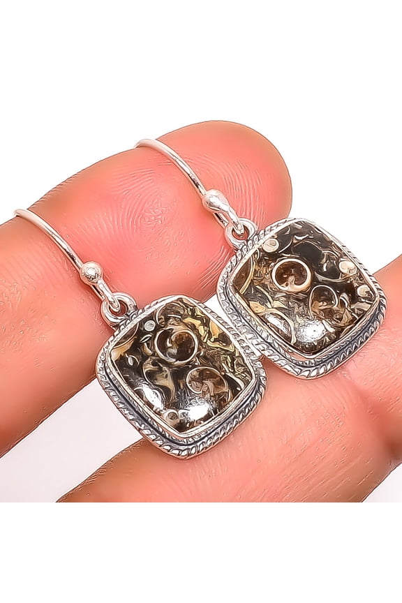 Turritella Fossil Agate Gemstone 925 Sterling Silver Bali Earring 1.17" A32, Christmas Gift, Gemstone Silver Jewelry, Agate Earring, New Year Sale