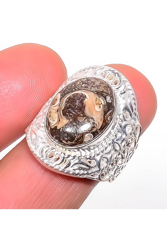 Turritella Fossil Agate Gemstone 925 Sterling Silver Bali Ring s.8 T33, Christmas Gift, Gemstone Silver Jewelry, Agate Ring, New Year Sale