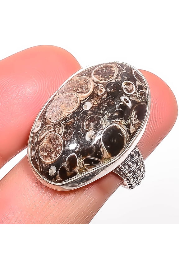 Turritella Fossil Agate Gemstone 925 Sterling Silver Bali Ring s.8 T53, Agate Ring, Christmas Gift, New Year Sale, Gemstone Silver Jewelry