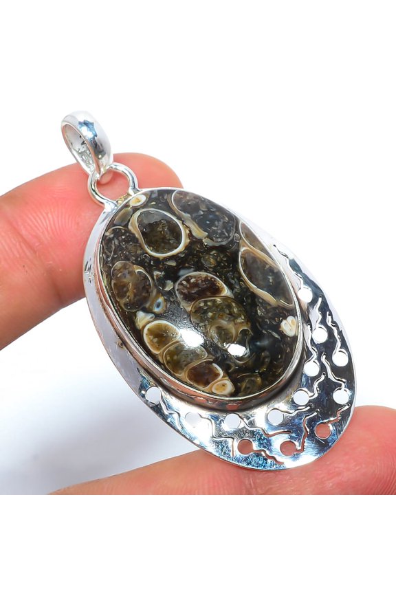 Turritella Fossil Agate Gemstone 925 Sterling Silver Pendant 2.34" T44, Agate Pendant, Christmas Gift, New Year Sale, Gemstone Silver Jewelry