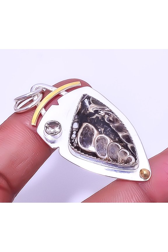 Turritella Fossil Agate & Smoky Gemstone 925 Sterling Silver Pendant 2.11" A382, Beautiful Jewelry For Woman, New Year Sale, Valentin's Day Gift