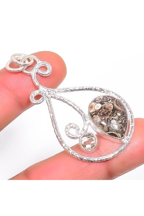 Turritella Fossil Agate & Smoky Quartz 925 Sterling Silver Pendant 2.34" M1467, Christmas Gift, Gemstone Silver Jewelry, Agate Pendant, New Year Sale