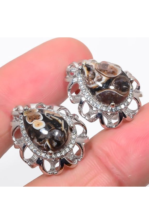 Turritella Fossil & Cubic Zirconia 925 Sterling Silver Earring 0.94" T15, Agate Earring, Christmas Gift, New Year Sale, Gemstone Silver Jewelry
