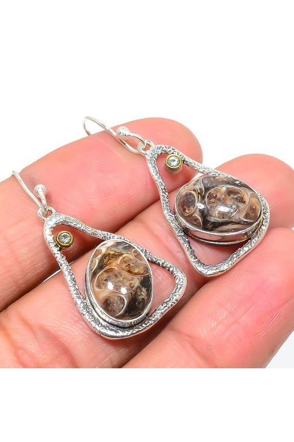 Turritella Fossil & White Topaz Designer Textured 925 Sterling Silver Earring 1.6" T88, Beautiful Jewelry For Woman, New Year Sale, Valentin's Day Gif