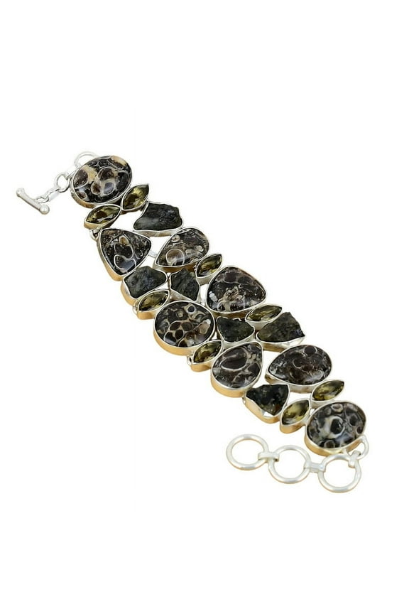 Turtilla Fossil & Smoky Topaz Bracelet 925 Sterling Silver | Handmade Natural Gemstone Fossil Jewelry Gift