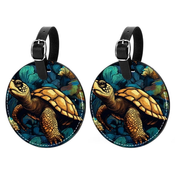 Turtle 2Pcs PU Leather Round Luggage Tags with Privacy Cover and Name ID Tag for Suitcase, Handbags, Backpacks, School Bags