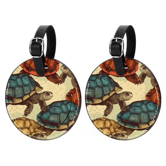 Turtle 2Pcs PU Leather Round Luggage Tags with Privacy Cover and Name ID Tag for Suitcase, Handbags, Backpacks, School Bags