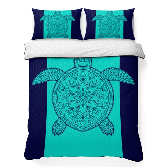 Turtle 3 Piece Quilt Bedding Set with 2 Pillow Shams, Summer Beach Lightweight Bedspread Coverlet, Soft Breathable All Season Quilt, 79 x 90 Inch