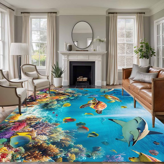 Turtle 6'x9' Area Rug for Living Room, Shark Ocean Coral Underwater Scenery Sea Washable Non-Slip Floor Mat Rugs for Bedroom Dining Room, Indoor Large Carpet for Classroom, Nursery Rugs for Playroom