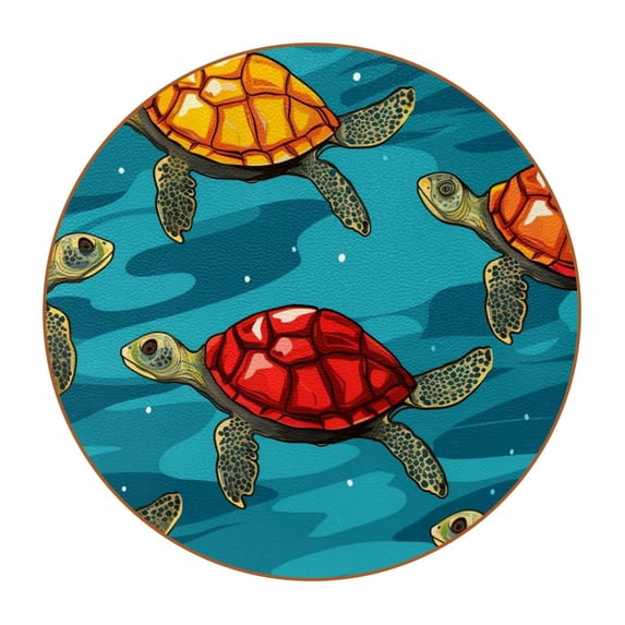 Turtle 6PCS Round Microfiber Leather Table Coasters Set, 11x11 cm/4.3x4.3 in, Drink Coaster Mats for Home and Kitchen Use