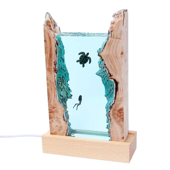 Turtle And Diver Epoxy Resin Wood Lamp Ocean Art Custom Night Light Home Decor