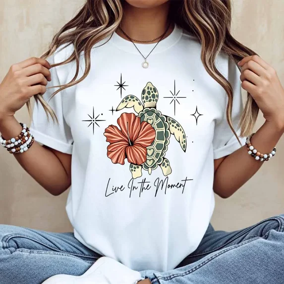 Turtle And Flower Live In The Moment Print T Shirt Women Casual Short Sleeve Top Summer Beach Style Fashion Tees