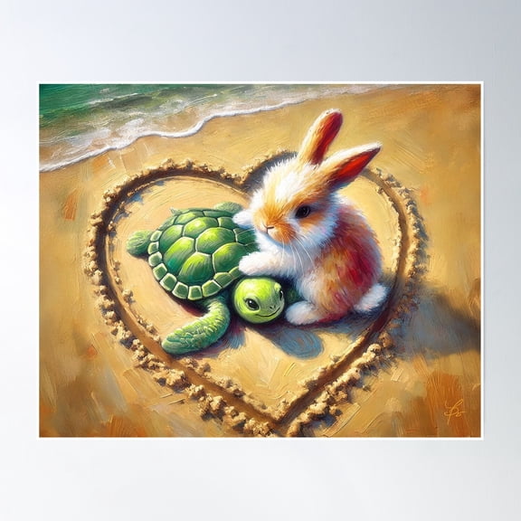Turtle And Rabbit Chilling On The Beach Poster Wall Art, Modern Wall Decor, 8x12 UNFRAMED