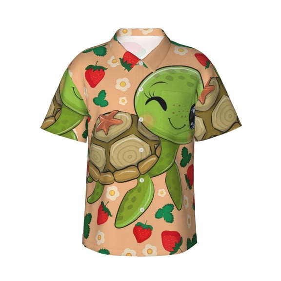 Turtle And Strawberry Men'S 3d Print Casual Button Down Shirts, Novelty Hawaiian Short Sleeves 2xl