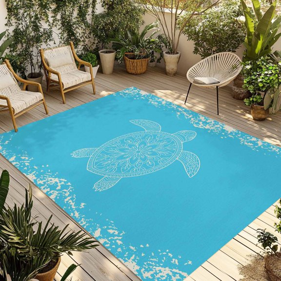 Turtle Aqua Blue Outdoor Rug 3x5 Ft - Reversible Patio Rug Outdoor Camping Rugs, Coastal Ocean Boho Flower Retro Mottled Indoor Outdoor Area Rugs, Non-Slip Outdoor Carpet Runner for Deck/Porch