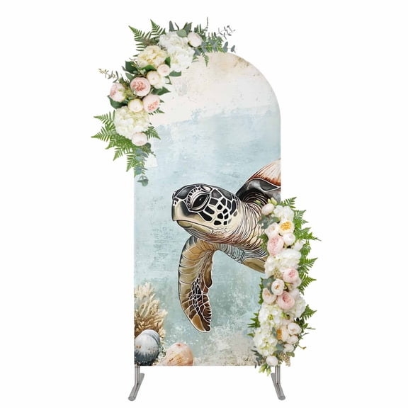 Turtle Arch Backdrop Cover 4FT, Coastal Ocean Coral Reef Retro Shell Sea Spandex Fitted Stretchy Arch Stand Covers, Round Top Chiara Backdrop Cover for Wedding Party Birthday Baby Shower