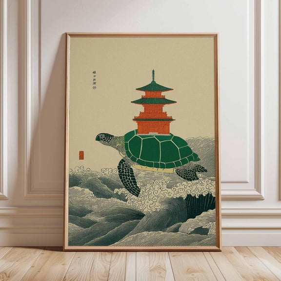Turtle Art Print Japanese Style Poster Zen Ocean Wall Art Pagoda Illustration Minimalist Nature Decor for Modern Home