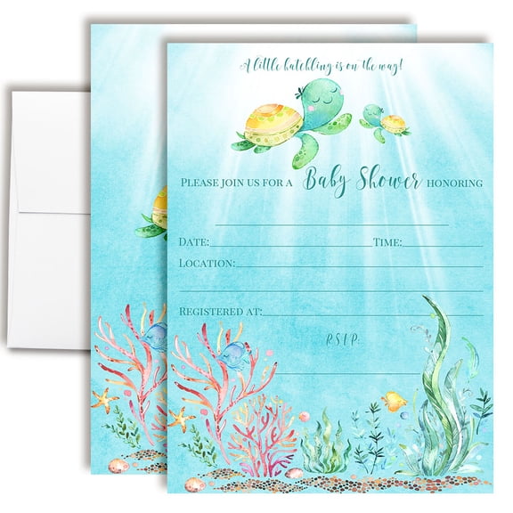 Turtle Baby Shower Invitations, 20 Fill-In Cards with Envelopes, 5x7 Baby Shower Invites & Supplies, New Baby Celebration Cards, Made in USA by Amanda Creation