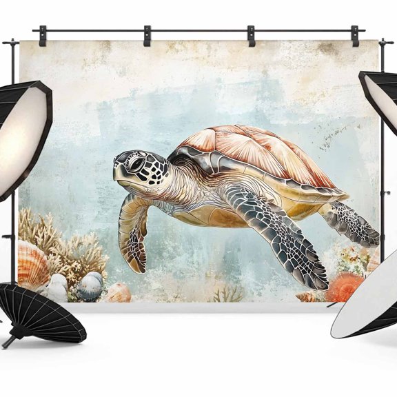 Turtle Backdrop for Photography, Fabric Photo Background Backdrop, Coastal Ocean Coral Reef Retro Shell Sea Photo Booth Background for Portrait Photoshoot Video Wedding Studio Decoration Banner 8x6ft