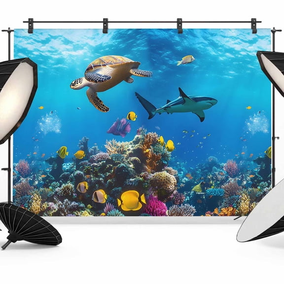 Turtle Backdrop for Photoshoot,Photography Photo Studio Background Wall Backdrop,Blue Ocean Sea Shark Coral Cartoon Fish Summer Back Drop Banner Panel for Portraits Wedding Party Live Streaming 7x5Ft