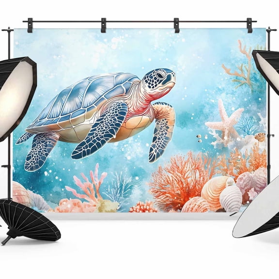Turtle Backdrop for Photoshoot,Photography Photo Studio Background Wall Backdrop,Coastal Blue Ocean Sea Coral Starfish Shell Back Drop Banner Panel for Portraits Wedding Party Live Streaming 7x5Ft