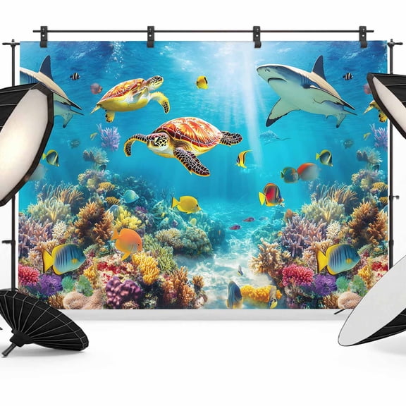 Turtle Backdrop for Photoshoot,Photography Photo Studio Background Wall Backdrop,Shark Ocean Coral Underwater Scenery Sea Back Drop Banner Panel for Portraits Wedding Party Live Streaming Decor 7x5Ft