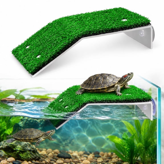 Turtle Basking Platform, Artificial Grass Dock with Suction Cups for Aquarium Terrarium and Reptile Tank Decor
