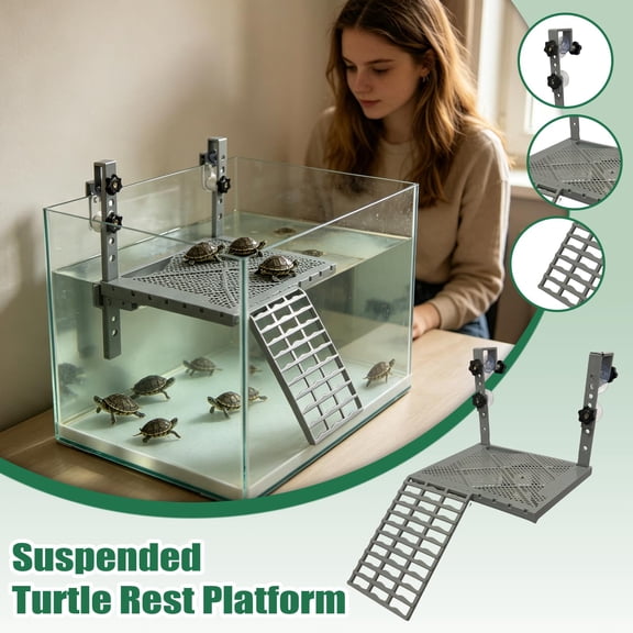 Turtle Basking Platform Large, Basking Platform for Aquatic Turtles 10 Inch Ladder Platform with Adjustable Ladder Plastic Mesh Sheet for Turtle Aquarium Reptile Terrarium Gray, 1
