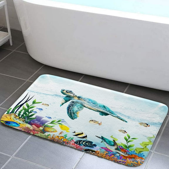 Turtle Bath Mats Rugs For Bathroom, Blue Ocean Flannel Bathroom Floor Mat Bath Shower Rug Non Slip, Nautical Underwater Tropical Fish Doormat Mat Bathroom Accessories Decor 17x29inch