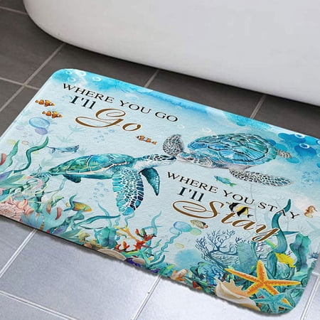 Turtle Bathroom Rug Mat, Underwater Seaweed Seashell Non-Slip Bath Carpet, Marine Animals Teal Ocean Tropical Fish Bathroom Rugs Set, Bath Mats for Bathroom Floor, Tub and Shower Mat(17"X29")