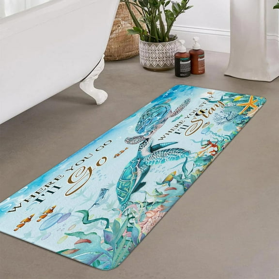 Turtle Bathroom Rug Mat, Underwater Seaweed Seashell Non-Slip Bath Carpet, Marine Animals Teal Ocean Tropical Fish Bathroom Rugs Set, Bath Mats for Bathroom Floor, Tub and Shower Mat(17"X48")
