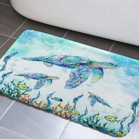 Turtle Bathroom Rugs, Nautical Turtle Non Slip Bath Mat with Underwater Seashell Bathroom Accessories Shower Mat Marine Animals Blue Ocean Kitchen Rug Non Slip Mat Soft for Toilet Tub RV (17"X29'')