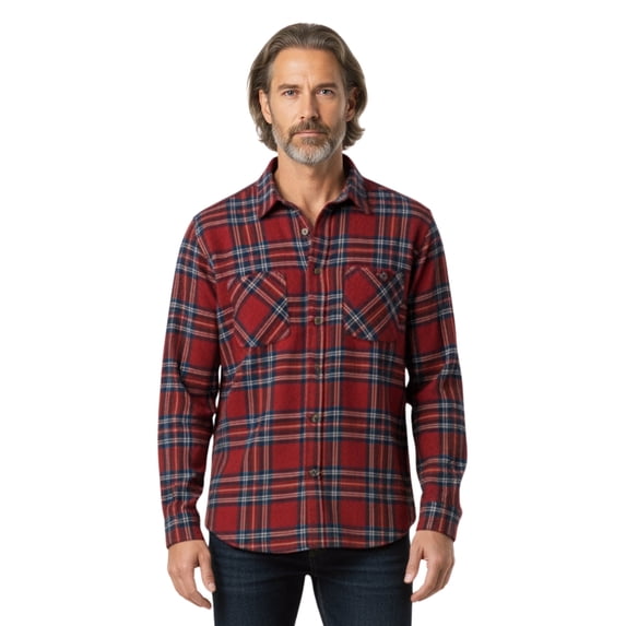 Turtle Bay New York Men's Burgundy Plaid Fleece Overshirt with Chest Pockets — Button Front