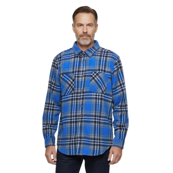 Turtle Bay New York Men's Blue Plaid Fleece Overshirt with Chest Pockets — Button Front