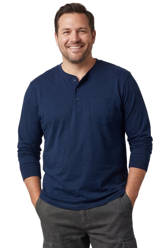 Men's Long Sleeve Henley shirt in cotton blend with 3 Button Placket & Chest Pocket