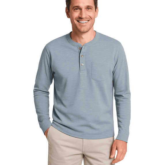 Turtle Bay New York Men's Long Sleeve Henley shirt in cotton blend with 3 Button Placket & Chest Pocket