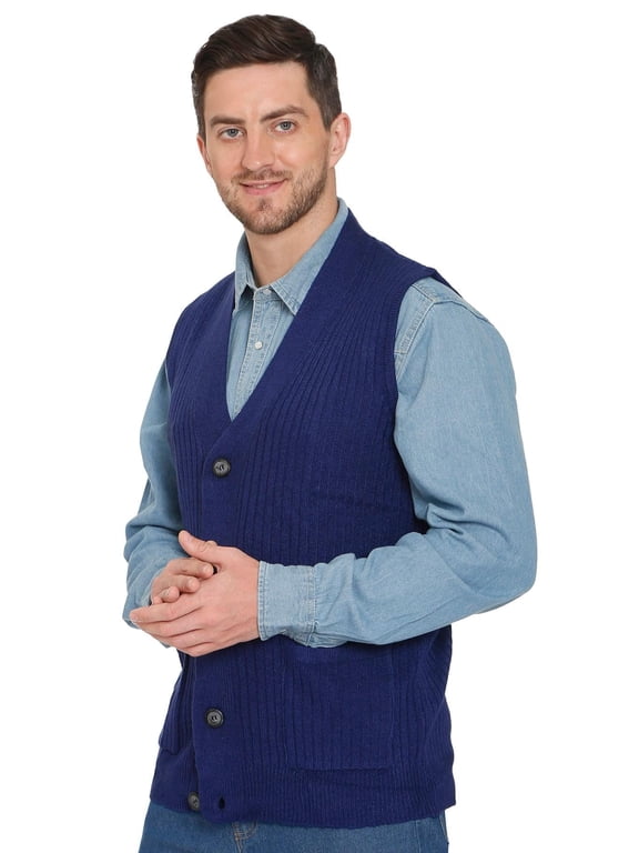 Men's Relaxed Fit Rib Knit Sweater Vest - Button Front with Pockets