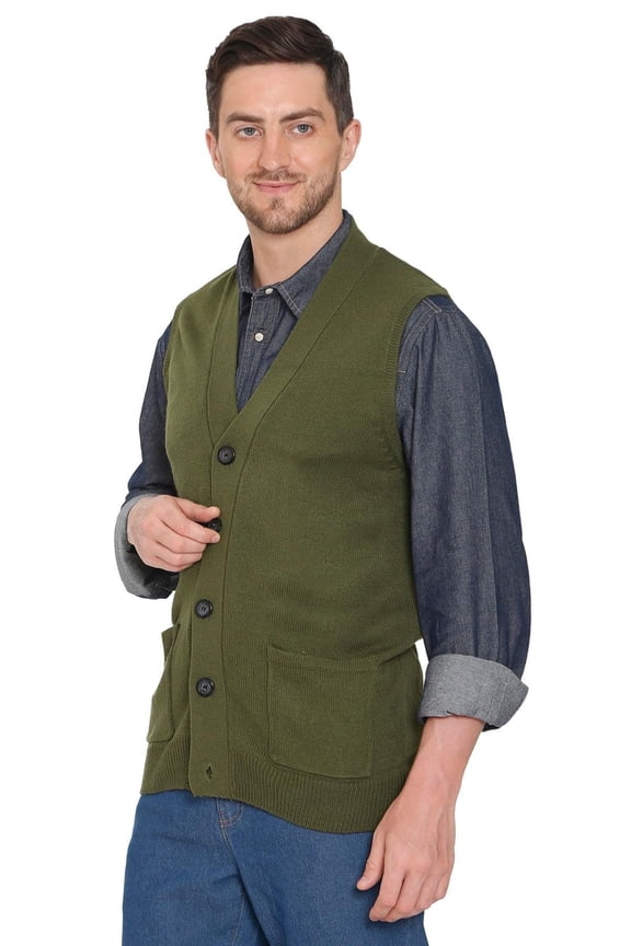 Men's Soft Button Front Flat Knit Sweater Vest with front patch pockets
